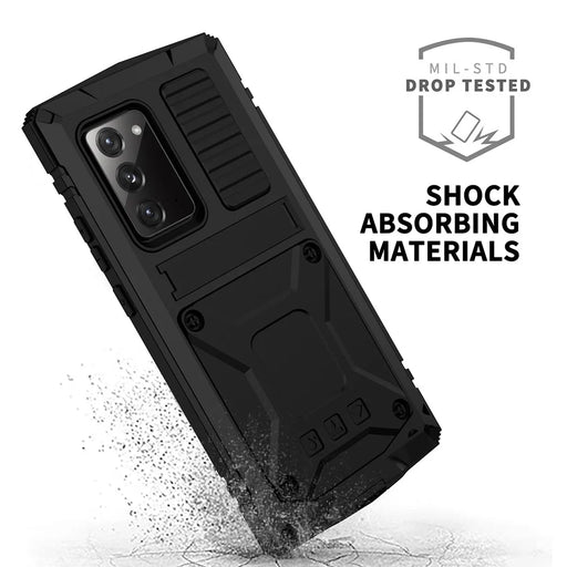R-JUST For Samsung Galaxy Note20 4G / 5G Dust-proof Phone Case Metal + Silicone + PC Kickstand Anti-fall Anti-wear Cover with Tempered Glass Film - Black - 2
