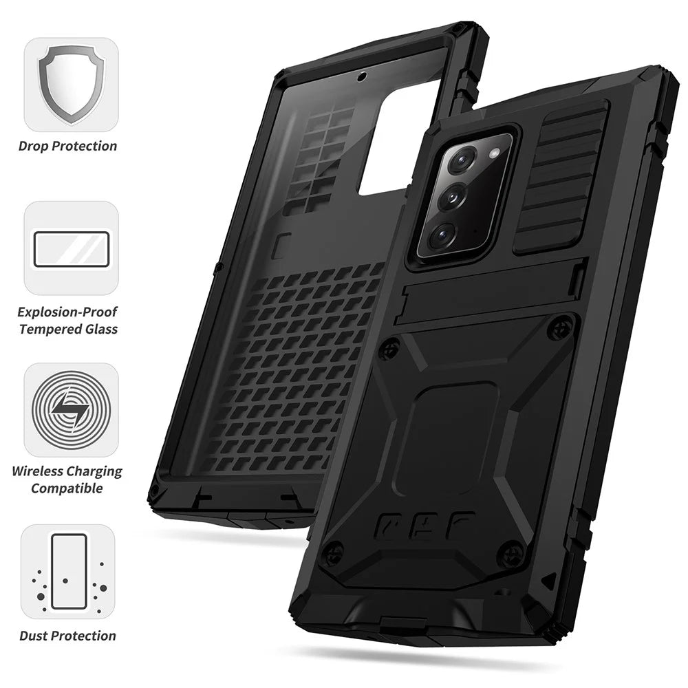 R-JUST For Samsung Galaxy Note20 4G / 5G Dust-proof Phone Case Metal + Silicone + PC Kickstand Anti-fall Anti-wear Cover with Tempered Glass Film - Black - 3