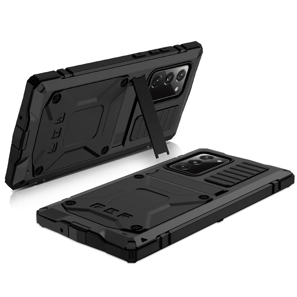 R-JUST For Samsung Galaxy Note20 4G / 5G Dust-proof Phone Case Metal + Silicone + PC Kickstand Anti-fall Anti-wear Cover with Tempered Glass Film - Black - 5