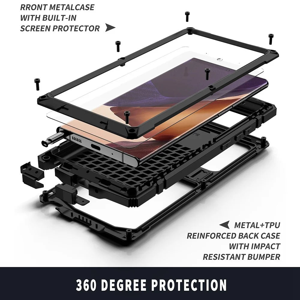 R-JUST For Samsung Galaxy Note20 4G / 5G Dust-proof Phone Case Metal + Silicone + PC Kickstand Anti-fall Anti-wear Cover with Tempered Glass Film - Black - 6