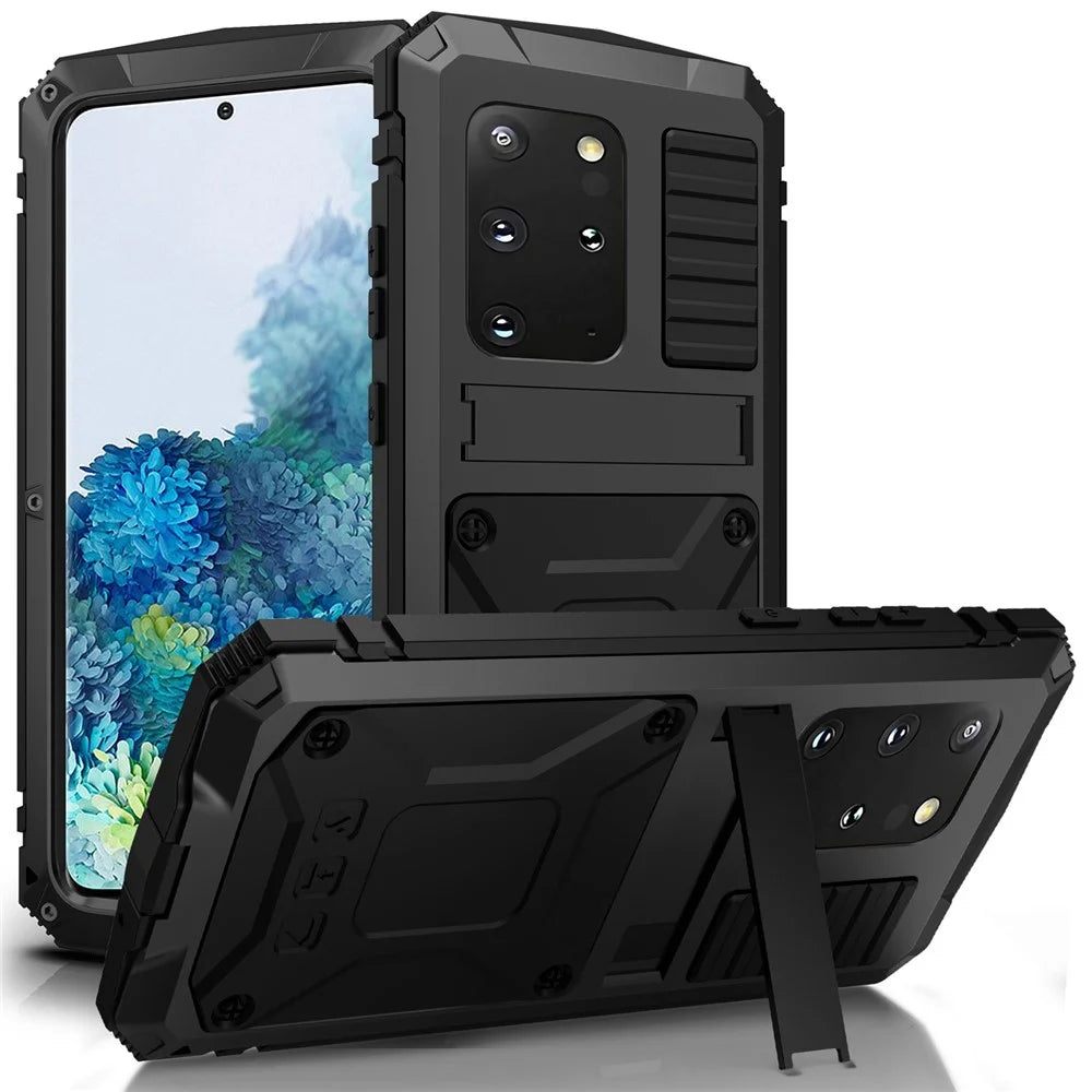 R-JUST For Samsung Galaxy S20 Plus 4G / 5G Dust-proof Splash-proof Drop-proof Phone Case Metal + Silicone + PC Kickstand Feature Cover with Tempered Glass Film - Black - 1