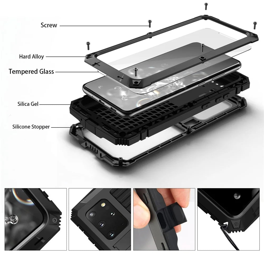 R-JUST For Samsung Galaxy S20 Plus 4G / 5G Dust-proof Splash-proof Drop-proof Phone Case Metal + Silicone + PC Kickstand Feature Cover with Tempered Glass Film - Black - 7