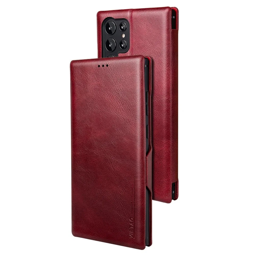 For Samsung Galaxy S22 Ultra 5G Card Holder PU Leather Cover Stand Folio Flip Protective Phone Case - Wine Red - 1