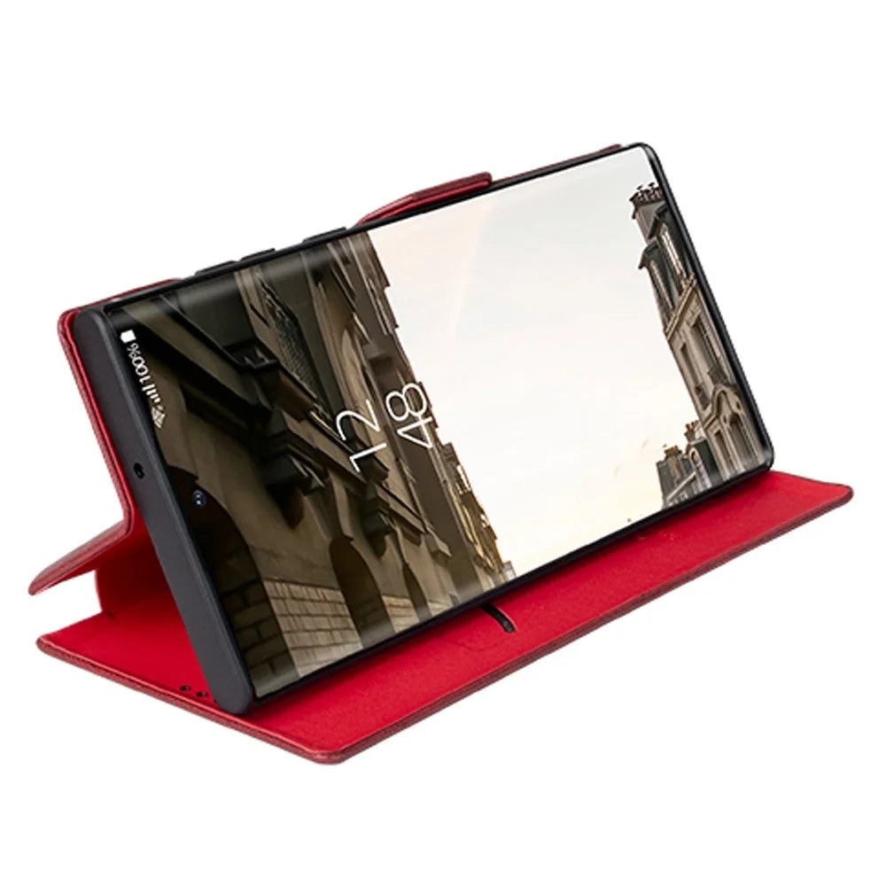 For Samsung Galaxy S22 Ultra 5G Card Holder PU Leather Cover Stand Folio Flip Protective Phone Case - Wine Red - 3