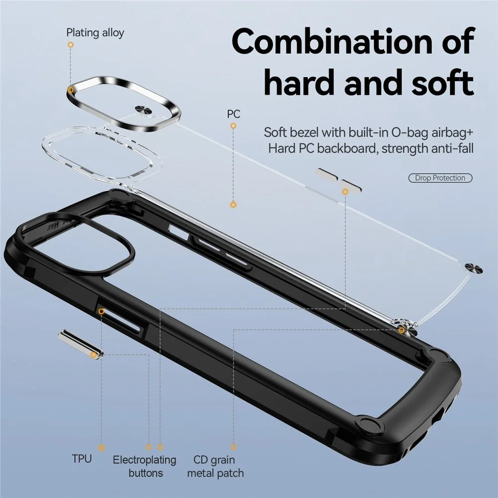 For iPhone 14 Pro Max 6.7 inch Drop-proof Phone Case Anti-scratch PC+TPU Mobile Phone Protective Back Cover Support Wireless Charging - Black - 6