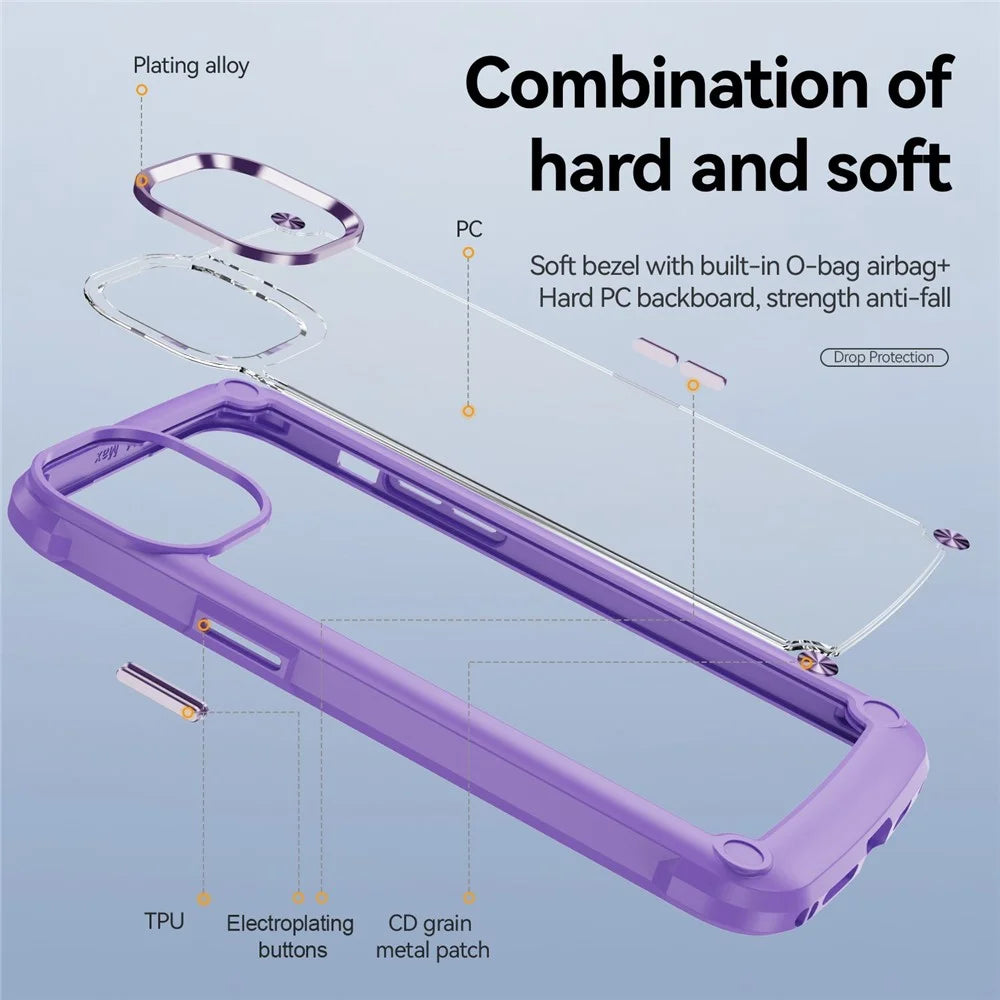 For iPhone 14 Pro 6.1 inch Full Protection Phone Case Anti-drop PC+TPU Mobile Phone Hybrid Back Cover Support Wireless Charging - Purple - 6