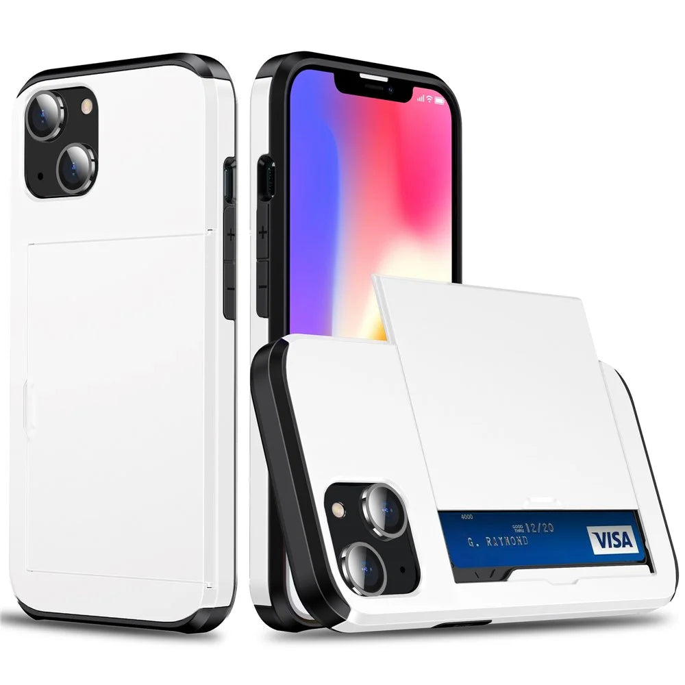 Slide Card Holder Phone Case for iPhone 14 6.1 inch, Drop-proof Protection TPU + PC Hybrid Cover - White - 1