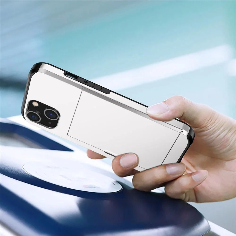Slide Card Holder Phone Case for iPhone 14 6.1 inch, Drop-proof Protection TPU + PC Hybrid Cover - White - 2