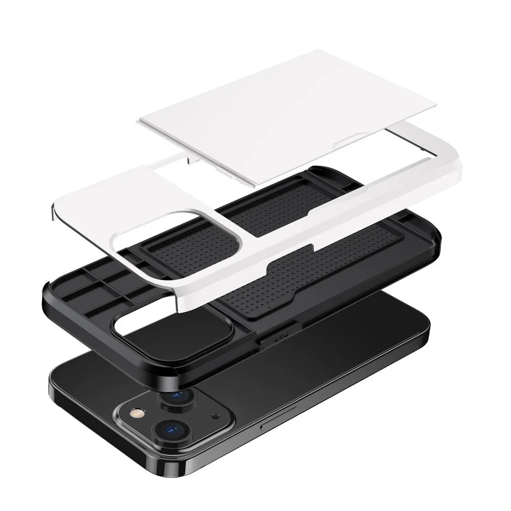 Slide Card Holder Phone Case for iPhone 14 6.1 inch, Drop-proof Protection TPU + PC Hybrid Cover - White - 3