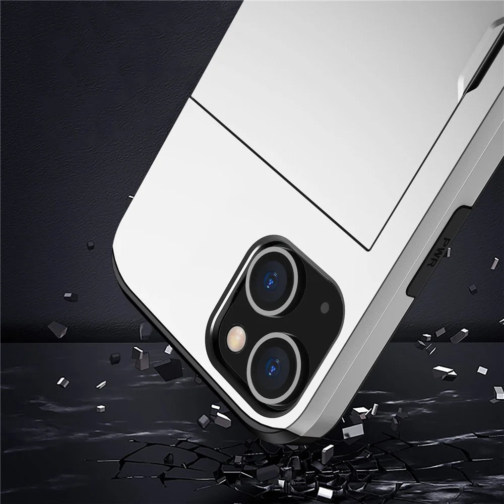 Slide Card Holder Phone Case for iPhone 14 6.1 inch, Drop-proof Protection TPU + PC Hybrid Cover - White - 4