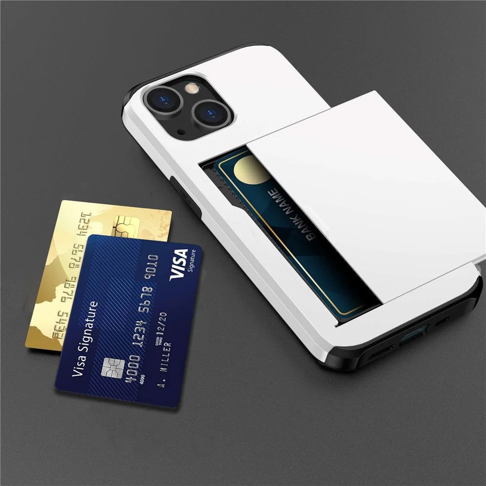 Slide Card Holder Phone Case for iPhone 14 6.1 inch, Drop-proof Protection TPU + PC Hybrid Cover - White - 6