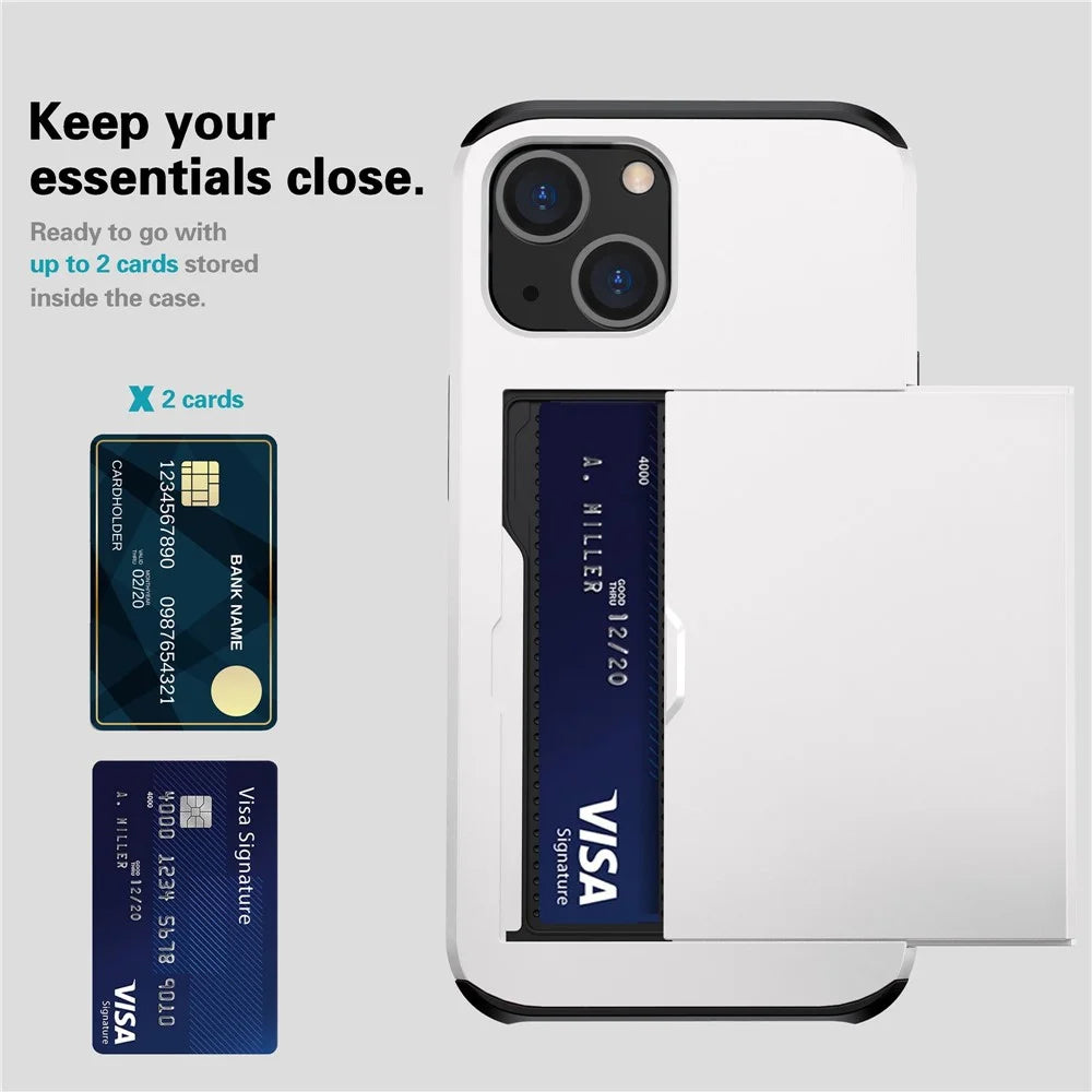 Slide Card Holder Phone Case for iPhone 14 6.1 inch, Drop-proof Protection TPU + PC Hybrid Cover - White - 7
