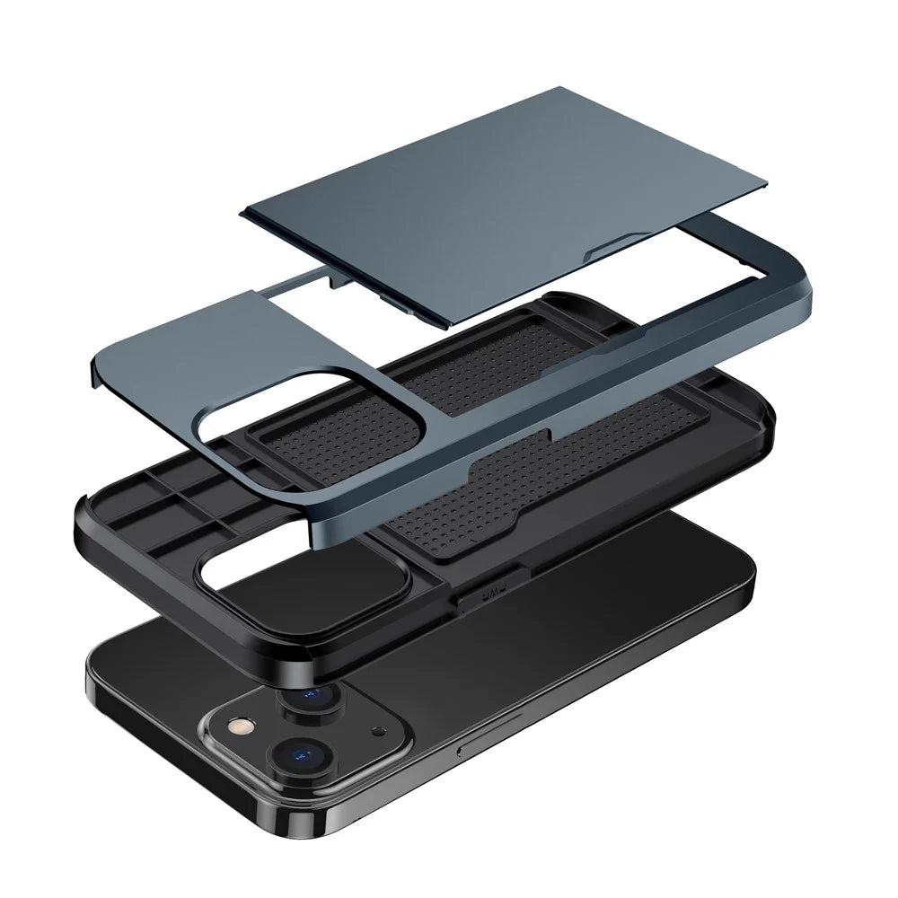 Card Holder Phone Case for iPhone 14 Plus 6.7 inch , TPU + PC Dual Layer Protective Cover - Navy Blue - 3