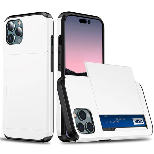 For iPhone 14 Pro Max 6.7 inch TPU + PC Hybrid Case Shockproof Phone Cover with Slide Card Holder - White - 1
