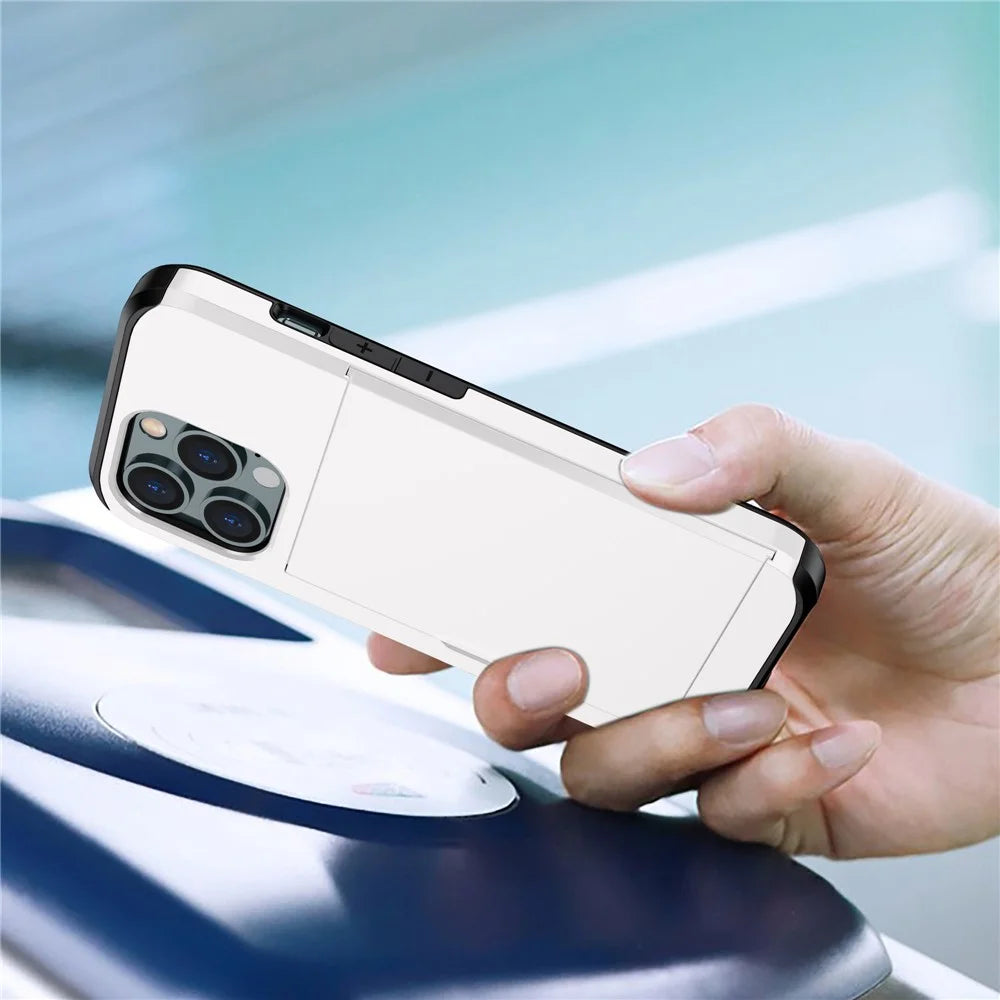 For iPhone 14 Pro Max 6.7 inch TPU + PC Hybrid Case Shockproof Phone Cover with Slide Card Holder - White - 2