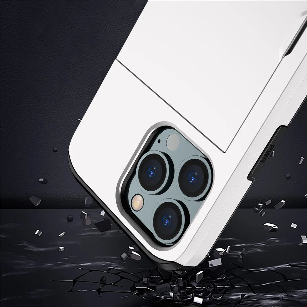 For iPhone 14 Pro Max 6.7 inch TPU + PC Hybrid Case Shockproof Phone Cover with Slide Card Holder - White - 4