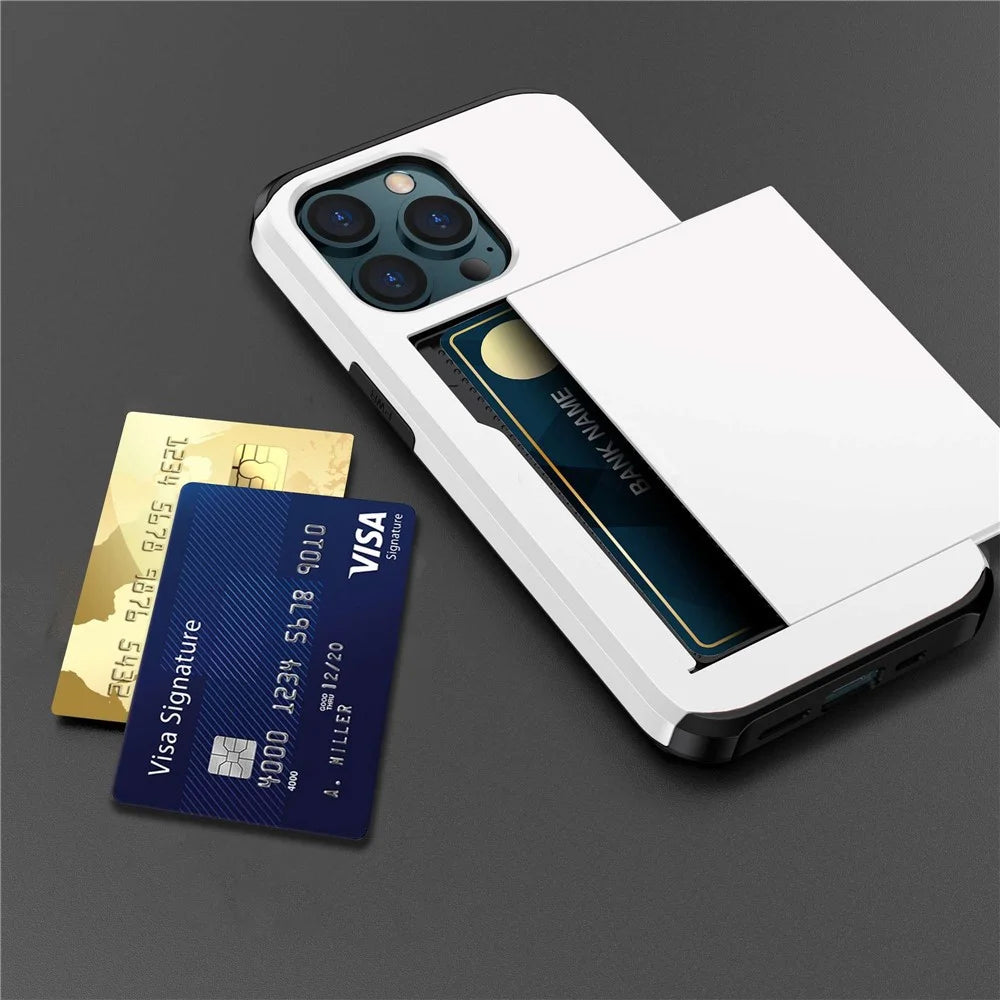For iPhone 14 Pro Max 6.7 inch TPU + PC Hybrid Case Shockproof Phone Cover with Slide Card Holder - White - 6