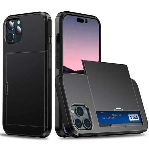 For iPhone 14 Pro 6.1 inch Anti-scratch Phone Case Card Holder  Soft TPU + Hard PC Hybrid Cover - Black - 1