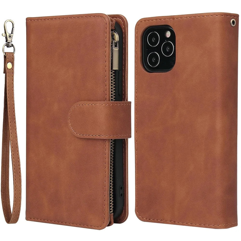 For iPhone 14 6.1 inch PU Leather Phone Wallet Case with Multiple Card Slots Flip Cover Stand with Zipper Pocket - Brown - 1