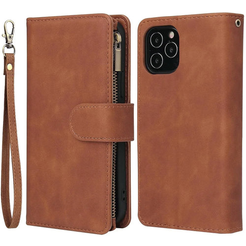 For iPhone 14 6.1 inch PU Leather Phone Wallet Case with Multiple Card Slots Flip Cover Stand with Zipper Pocket - Brown - 1