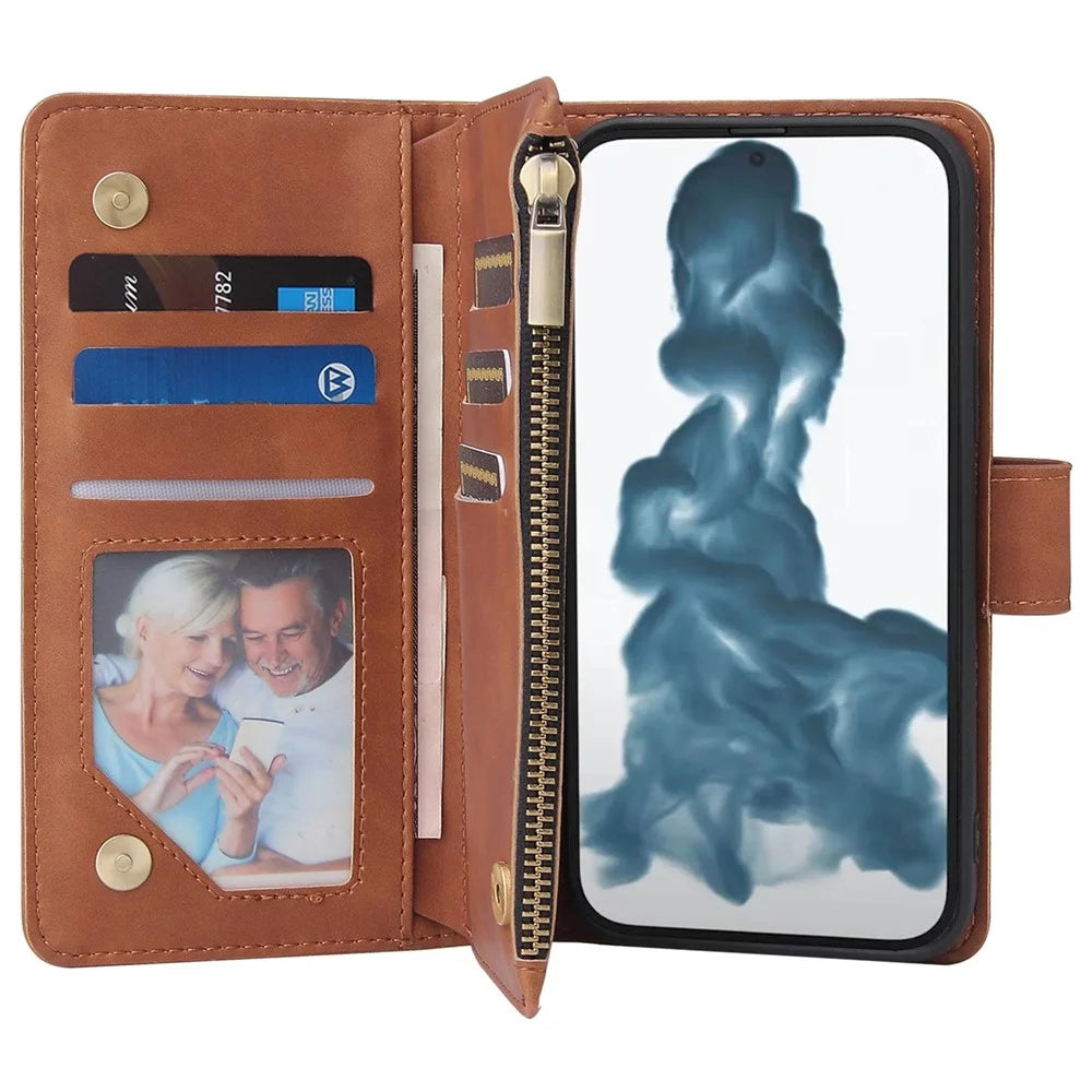 For iPhone 14 6.1 inch PU Leather Phone Wallet Case with Multiple Card Slots Flip Cover Stand with Zipper Pocket - Brown - 3