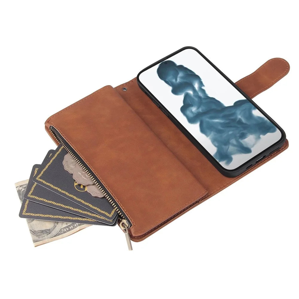 For iPhone 14 6.1 inch PU Leather Phone Wallet Case with Multiple Card Slots Flip Cover Stand with Zipper Pocket - Brown - 4