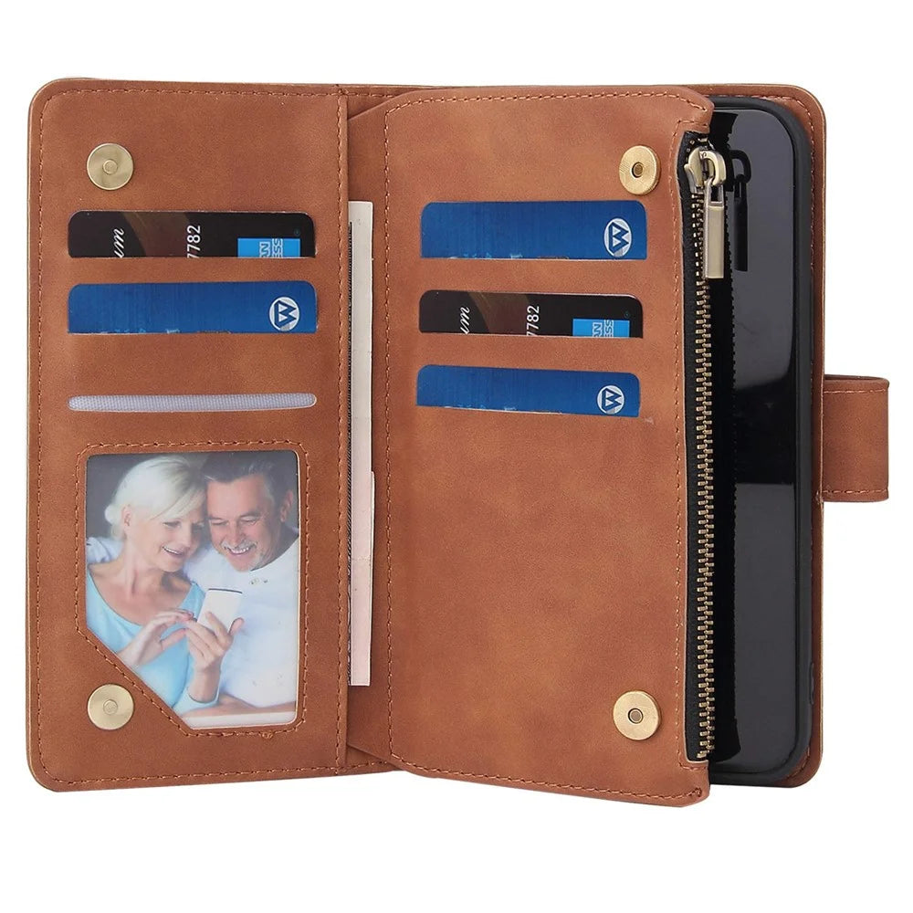 For iPhone 14 6.1 inch PU Leather Phone Wallet Case with Multiple Card Slots Flip Cover Stand with Zipper Pocket - Brown - 5