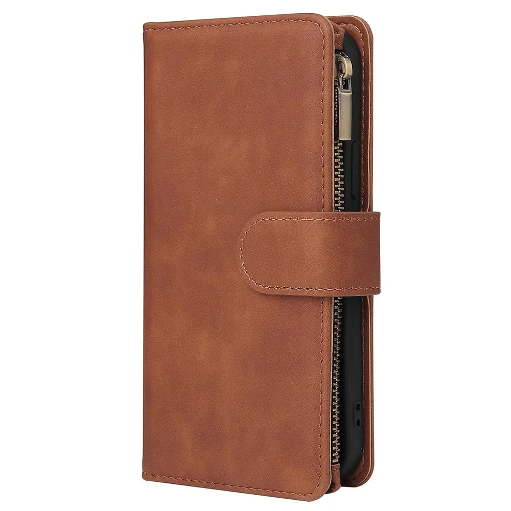 For iPhone 14 Pro Max 6.7 inch Shockproof PU Leather Phone Wallet Case with Multiple Card Slots Zipper Pocket Flip Cover Stand - Brown - 6