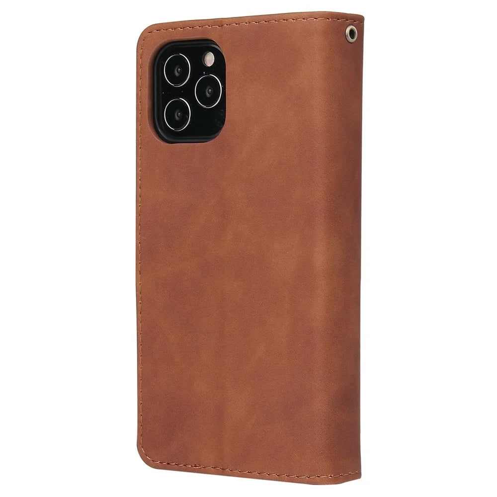 For iPhone 14 Pro Max 6.7 inch Shockproof PU Leather Phone Wallet Case with Multiple Card Slots Zipper Pocket Flip Cover Stand - Brown - 7