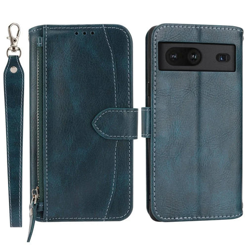For Google Pixel 7 5G Stand Wallet PU Leather + TPU Phone Case Zipper Pocket Magnetic Closing Shell with Long  /  Short Straps - Green - 1