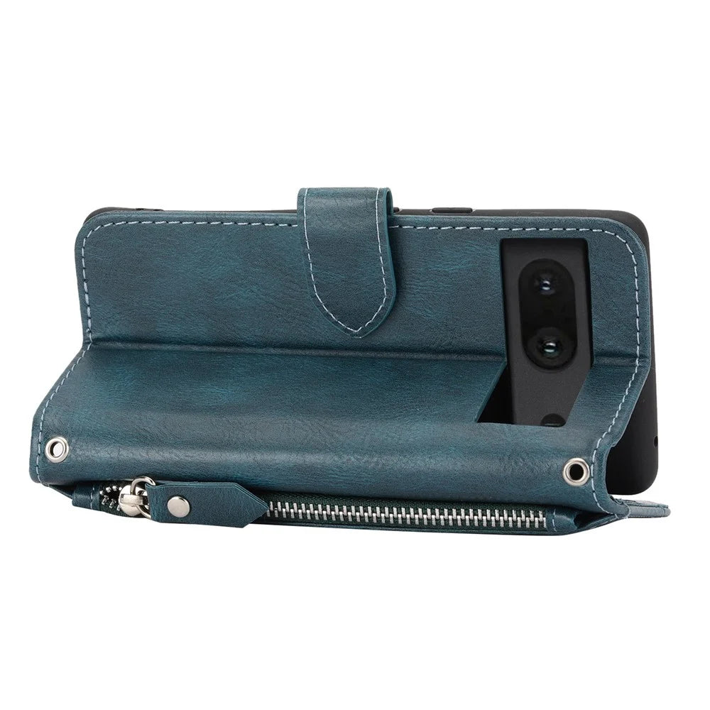 For Google Pixel 7 5G Stand Wallet PU Leather + TPU Phone Case Zipper Pocket Magnetic Closing Shell with Long  /  Short Straps - Green - 4
