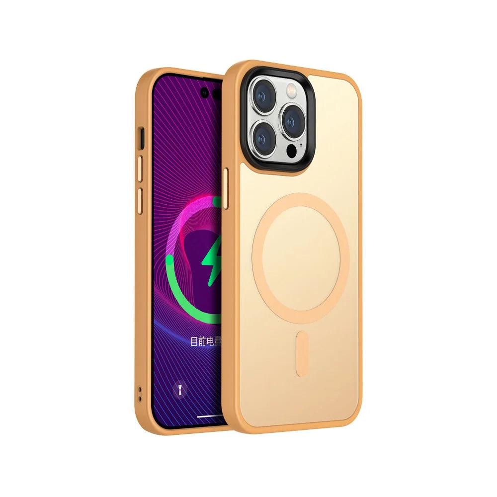 For iPhone 14 Plus Compatible with MagSafe Wireless Charging Phone Case Matte Anti-fingerprint TPU + PC Hybrid Cover - Orange - 1