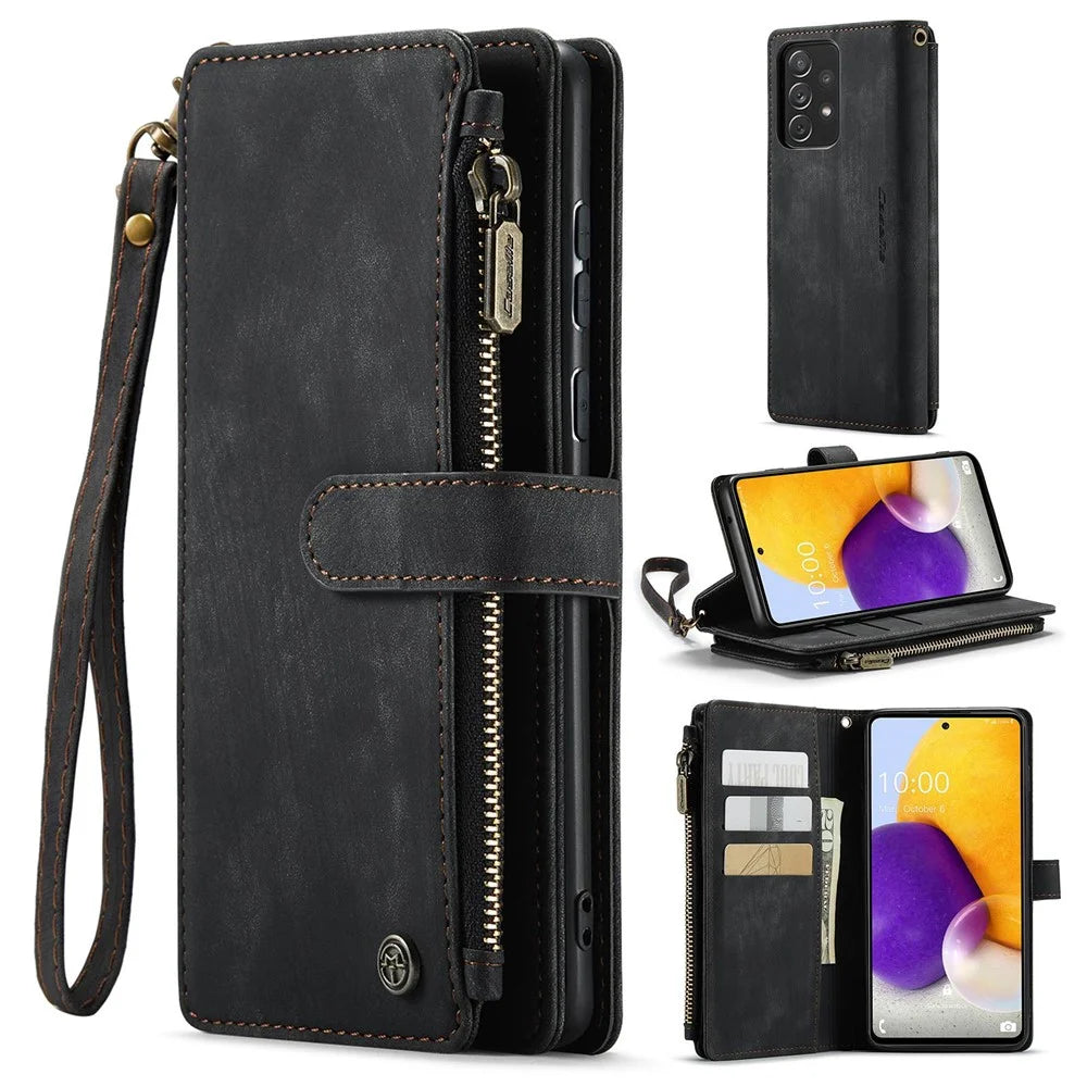 For Samsung Galaxy A72 4G / 5G Phone Cases with Strap CASEME C30 Zipper Multiple Card Holder PU Leather Cover - Black - 1