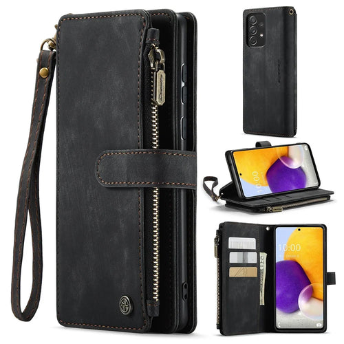 For Samsung Galaxy A72 4G / 5G Phone Cases with Strap CASEME C30 Zipper Multiple Card Holder PU Leather Cover - Black - 1