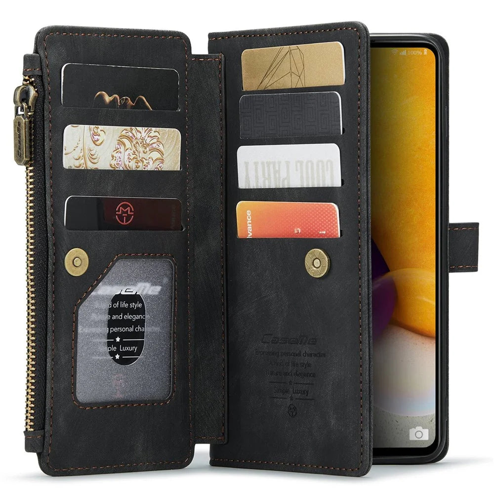 For Samsung Galaxy A72 4G / 5G Phone Cases with Strap CASEME C30 Zipper Multiple Card Holder PU Leather Cover - Black - 3