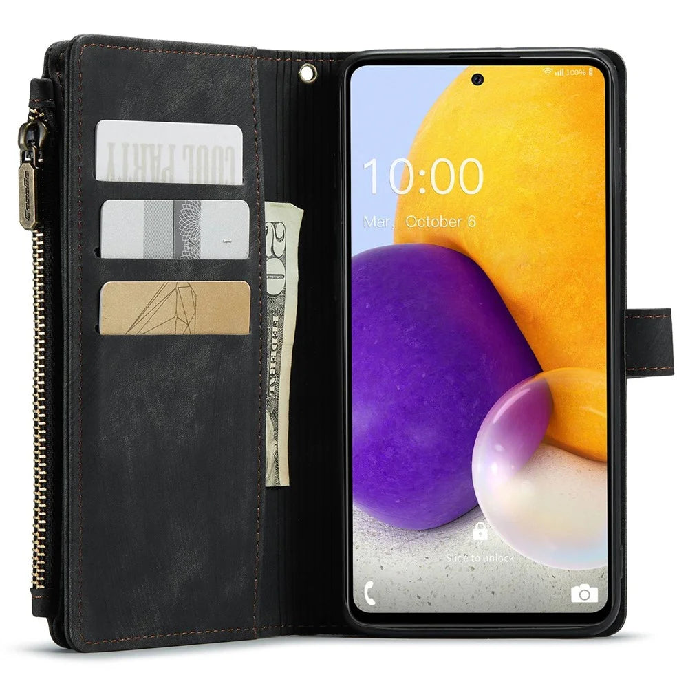 For Samsung Galaxy A72 4G / 5G Phone Cases with Strap CASEME C30 Zipper Multiple Card Holder PU Leather Cover - Black - 4