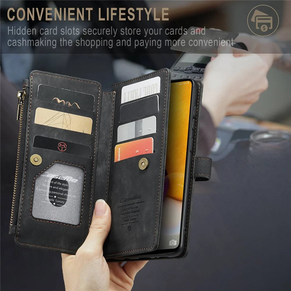 For Samsung Galaxy A72 4G / 5G Phone Cases with Strap CASEME C30 Zipper Multiple Card Holder PU Leather Cover - Black - 5