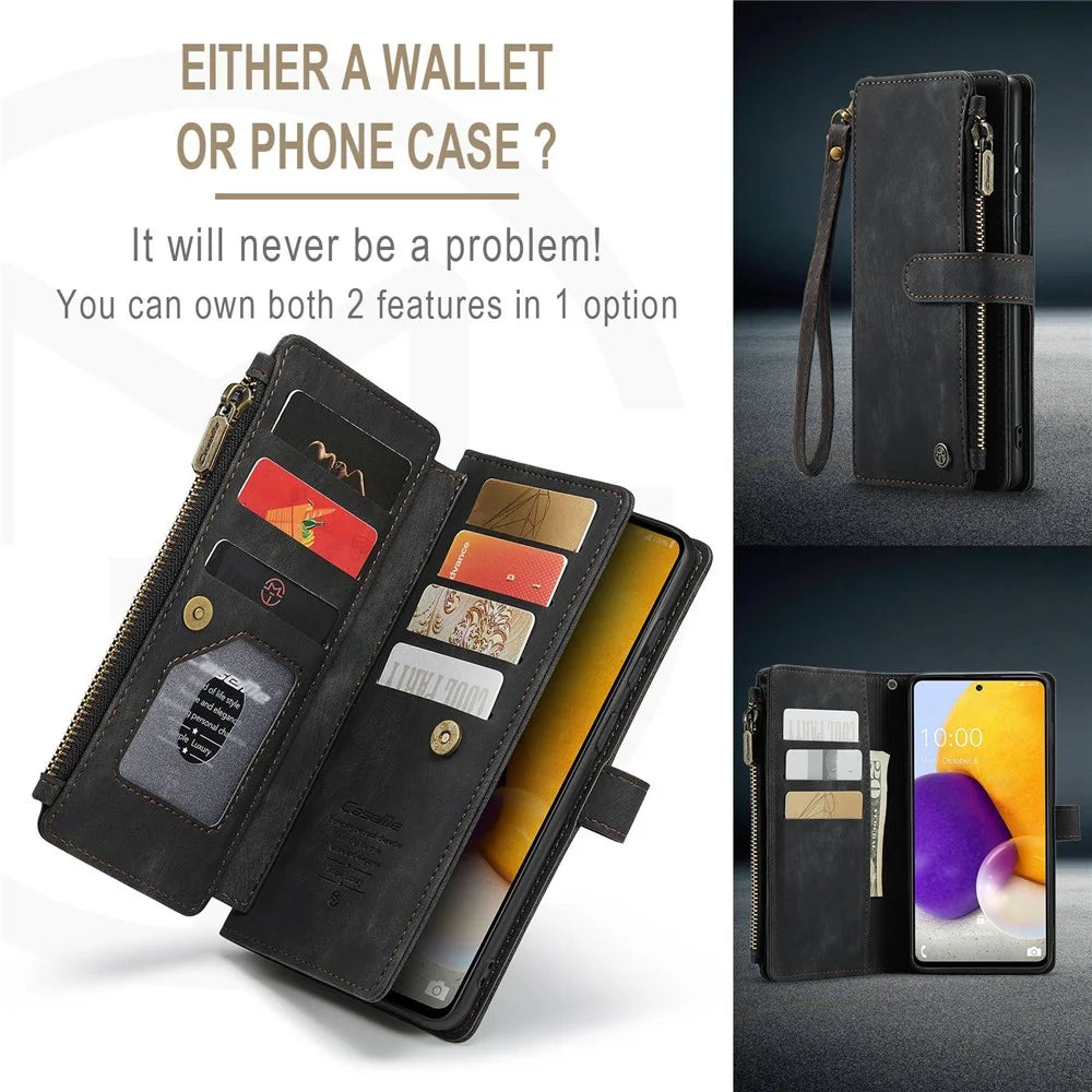 For Samsung Galaxy A72 4G / 5G Phone Cases with Strap CASEME C30 Zipper Multiple Card Holder PU Leather Cover - Black - 6
