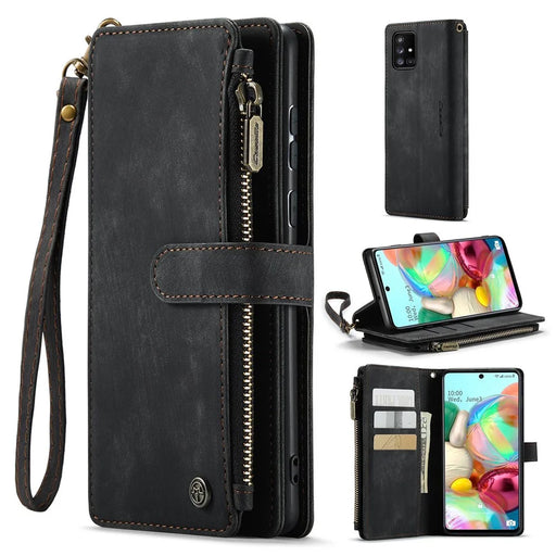 For Samsung Galaxy A71 4G SM-A715 Phone Cases with Strap CASEME C30 Zipper Multiple Card Holder PU Leather Cover - Black - 1
