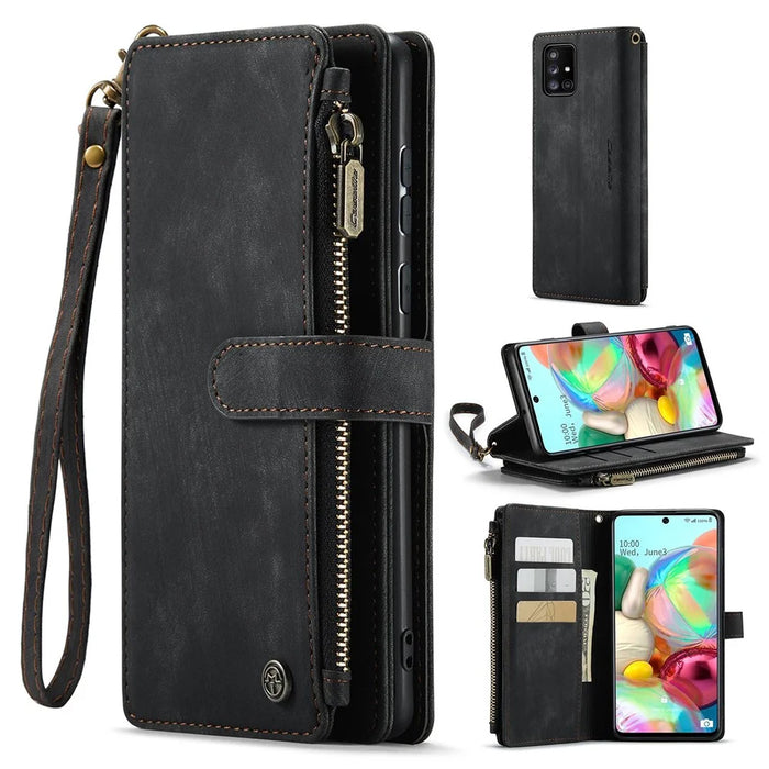 For Samsung Galaxy A71 4G SM-A715 Phone Cases with Strap CASEME C30 Zipper Multiple Card Holder PU Leather Cover - Black - 1