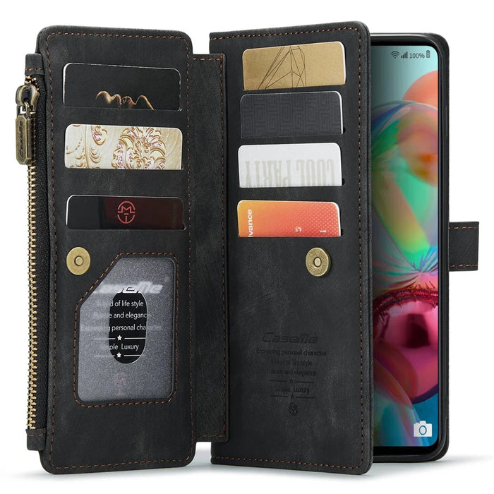 For Samsung Galaxy A71 4G SM-A715 Phone Cases with Strap CASEME C30 Zipper Multiple Card Holder PU Leather Cover - Black - 3