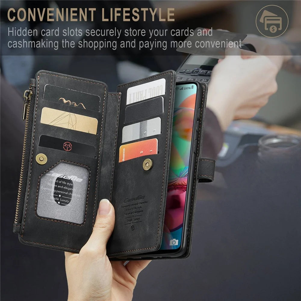 For Samsung Galaxy A71 4G SM-A715 Phone Cases with Strap CASEME C30 Zipper Multiple Card Holder PU Leather Cover - Black - 5