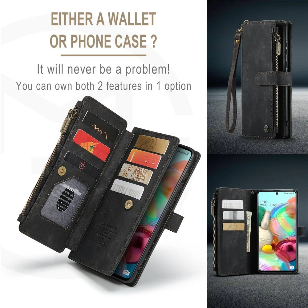 For Samsung Galaxy A71 4G SM-A715 Phone Cases with Strap CASEME C30 Zipper Multiple Card Holder PU Leather Cover - Black - 6