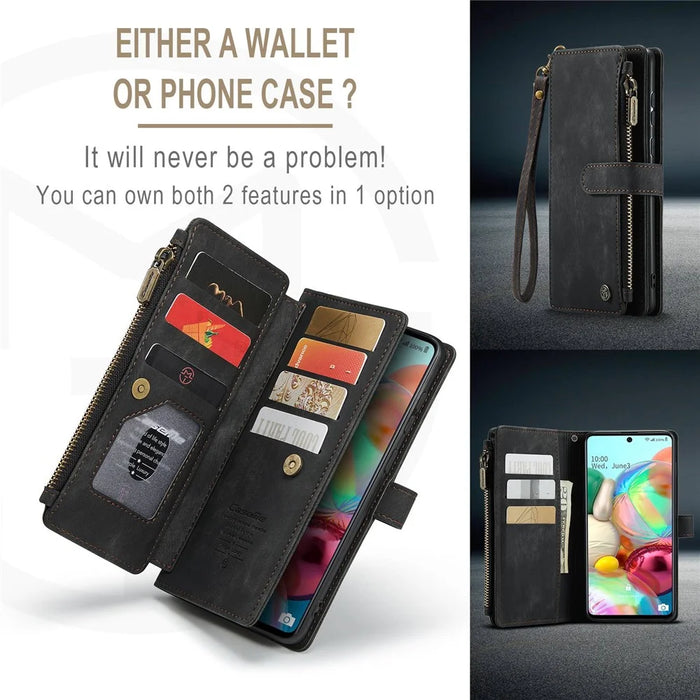 For Samsung Galaxy A71 4G SM-A715 Phone Cases with Strap CASEME C30 Zipper Multiple Card Holder PU Leather Cover - Black - 6