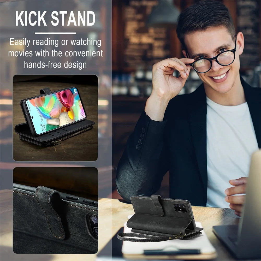 For Samsung Galaxy A71 4G SM-A715 Phone Cases with Strap CASEME C30 Zipper Multiple Card Holder PU Leather Cover - Black - 7