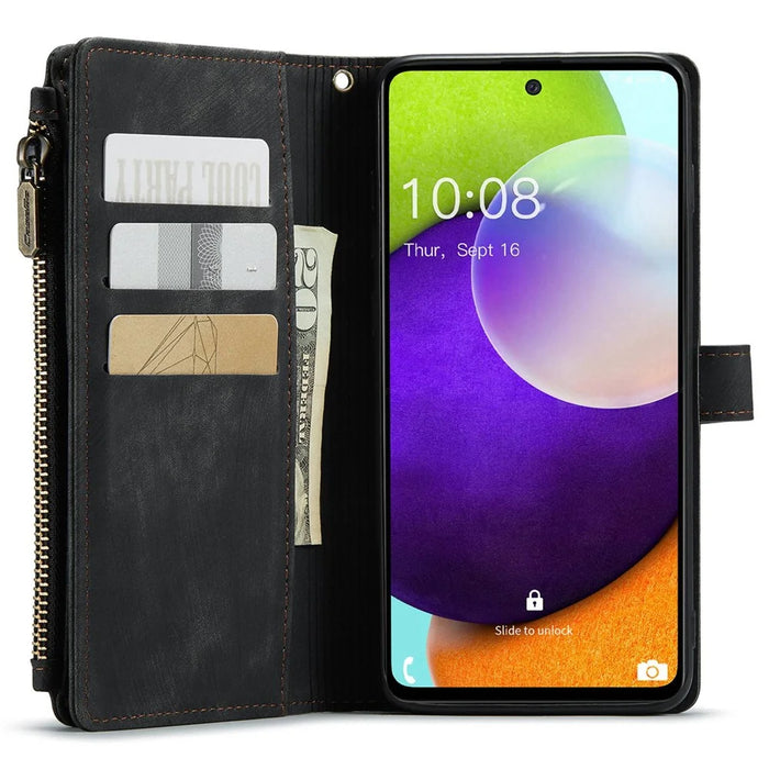 For Samsung Galaxy A52 4G / 5G / A52s 5G Phone Cases with Strap CASEME C30 Zipper Multiple Card Holder PU Leather Cover - Black - 4