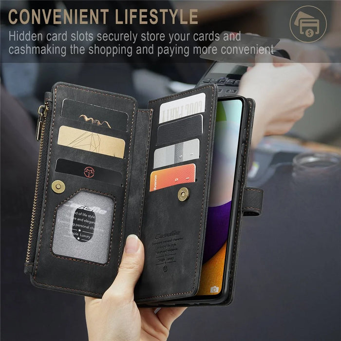 For Samsung Galaxy A52 4G / 5G / A52s 5G Phone Cases with Strap CASEME C30 Zipper Multiple Card Holder PU Leather Cover - Black - 5