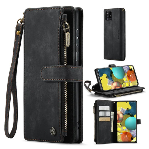 For Samsung Galaxy A51 4G SM-A515 Phone Cases with Strap CASEME C30 Zipper Multiple Card Holder PU Leather Cover - Black - 1