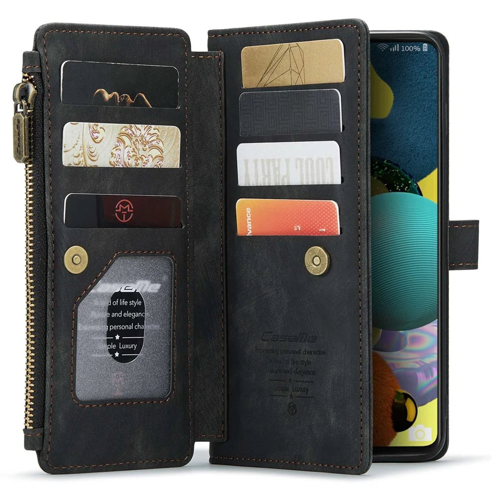 For Samsung Galaxy A51 4G SM-A515 Phone Cases with Strap CASEME C30 Zipper Multiple Card Holder PU Leather Cover - Black - 3