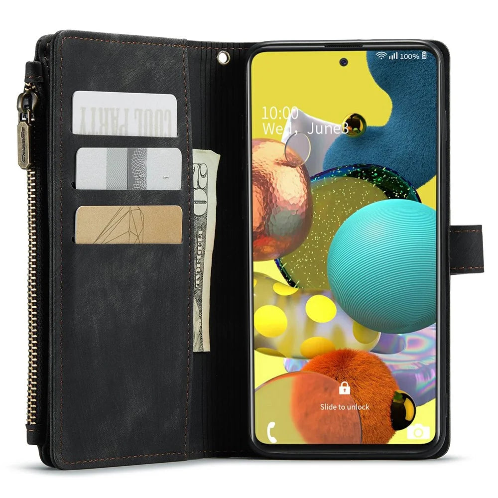 For Samsung Galaxy A51 4G SM-A515 Phone Cases with Strap CASEME C30 Zipper Multiple Card Holder PU Leather Cover - Black - 4